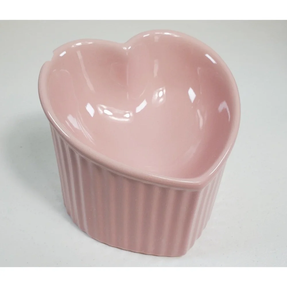 Pink Ceramic Raised Pet Bowl Tilted Elevated Cat Dog Food Water Dish Chip